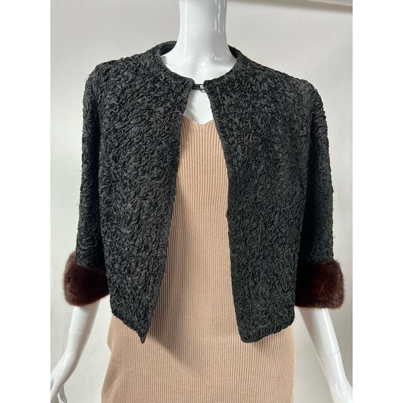 Vintage Evening Jacket Womens Black Brown Fur Trim Ribbon Swirls Collarless M - Picture 1 of 12